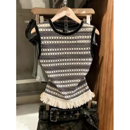 BY10842# 法式撞色流苏针织背心夏外穿复古宽松慵懒风镂空坎肩无袖上衣 服裝批發女裝批發服飾貨源