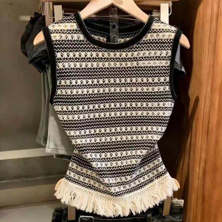 BY10842# 法式撞色流苏针织背心夏外穿复古宽松慵懒风镂空坎肩无袖上衣 服裝批發女裝批發服飾貨源