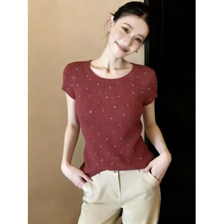 BY10843# 洋气减龄红色碎花冰丝短袖t恤女新款独特别致设计感大码上衣 服裝批發女裝批發服飾貨源