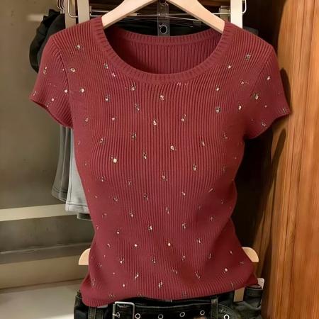 BY10843# 洋气减龄红色碎花冰丝短袖t恤女新款独特别致设计感大码上衣 服裝批發女裝批發服飾貨源