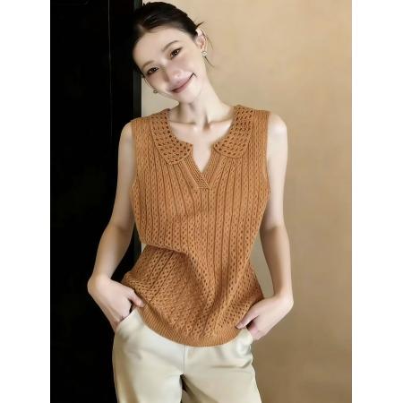BY10844# 南瓜橘polo领镂空针织无袖背心夏复古甜辣妹修身显瘦别致上衣 服裝批發女裝批發服飾貨源