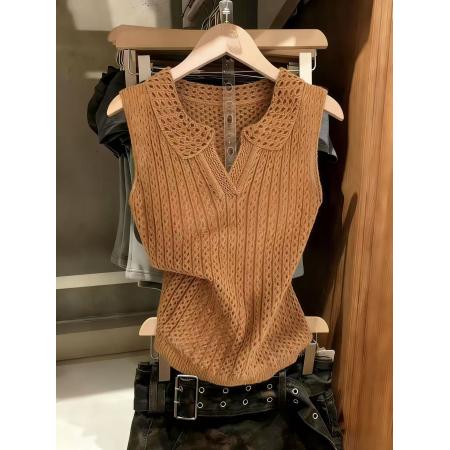 BY10844# 南瓜橘polo领镂空针织无袖背心夏复古甜辣妹修身显瘦别致上衣 服裝批發女裝批發服飾貨源