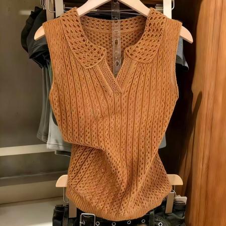 BY10844# 南瓜橘polo领镂空针织无袖背心夏复古甜辣妹修身显瘦别致上衣 服裝批發女裝批發服飾貨源