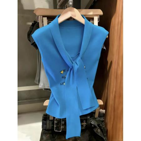 BY10845# 克莱因蓝v领短袖t恤女短款显瘦正肩设计感多巴胺气质上衣新款 服裝批發女裝批發服飾貨源