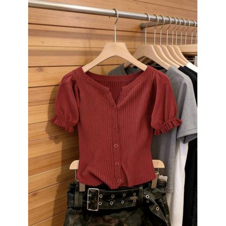 BY10846# 纯欲风女装花瓣短袖T恤女夏季小个子短款显瘦针织 服裝批發女裝批發服飾貨源