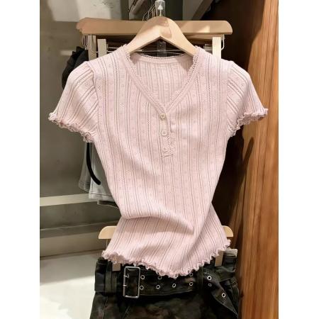 BY10847# 韩系粉色V领蕾丝边短袖针织t恤女小个子甜美气质修身显瘦上衣 服裝批發女裝批發服飾貨源