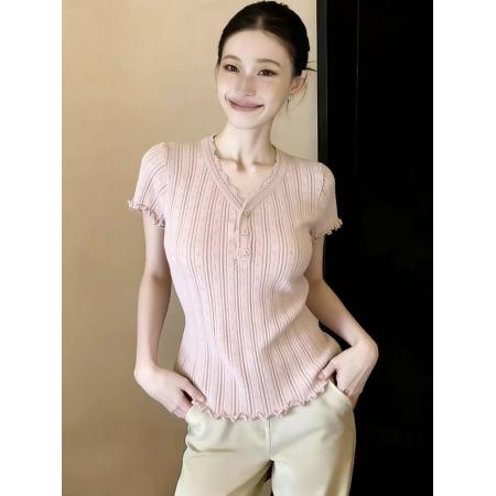 BY10847# 韩系粉色V领蕾丝边短袖针织t恤女小个子甜美气质修身显瘦上衣 服裝批發女裝批發服飾貨源