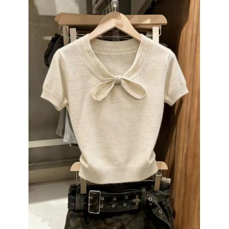 BY10848# 韩系小众蝴蝶结短袖针织衫外穿夏新款百搭洋气减龄小上衣 服裝批發女裝批發服飾貨源