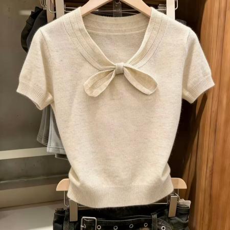 BY10848# 韩系小众蝴蝶结短袖针织衫外穿夏新款百搭洋气减龄小上衣 服裝批發女裝批發服飾貨源