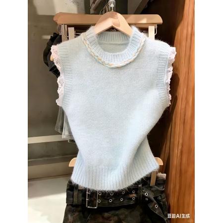 BY10849# 美拉德甜美风花边拼接坎肩针织背心马甲女上衣chic 服裝批發女裝批發服飾貨源