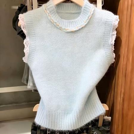 BY10849# 美拉德甜美风花边拼接坎肩针织背心马甲女上衣chic 服裝批發女裝批發服飾貨源