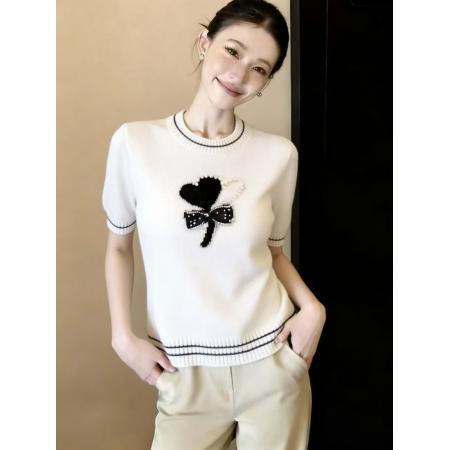 BY10850# 小香风蝴蝶结针织衫短袖女夏季新款设计感超好看t恤 服裝批發女裝批發服飾貨源