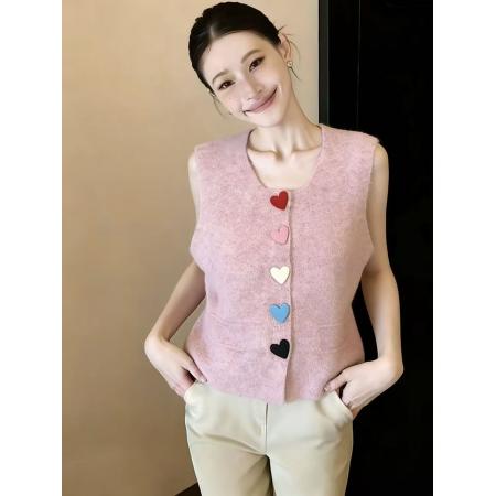 BY10851# 多巴胺风彩色爱心扣针织开衫马甲女新款减龄叠穿坎肩上衣 服裝批發女裝批發服飾貨源