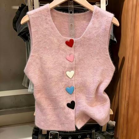 BY10851# 多巴胺风彩色爱心扣针织开衫马甲女新款减龄叠穿坎肩上衣 服裝批發女裝批發服飾貨源