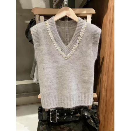 BY10852# 灰色甜美风亮片V领针织马甲女春季新款洋气叠穿无袖毛衣背心 服裝批發女裝批發服飾貨源