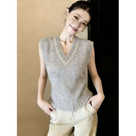 BY10852# 灰色甜美风亮片V领针织马甲女春季新款洋气叠穿无袖毛衣背心 服裝批發女裝批發服飾貨源