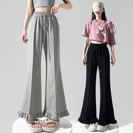 BY10853# 木耳边微喇裤女春夏季修身显瘦窄版休闲裤花边拼接喇叭九分裤 服裝批發女裝批發服飾貨源