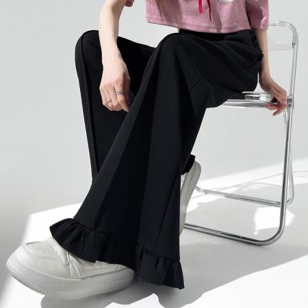 BY10853# 木耳边微喇裤女春夏季修身显瘦窄版休闲裤花边拼接喇叭九分裤 服裝批發女裝批發服飾貨源