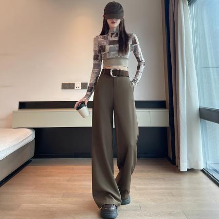 BY10854# 高级感西装裤女春新款高腰显瘦休闲垂感直筒拖地阔腿裤子送腰带 服裝批發女裝批發服飾貨源