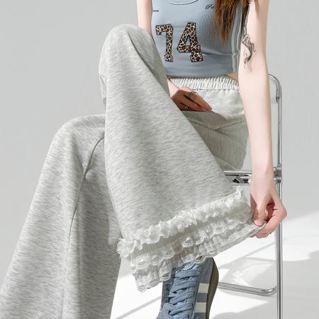 BY10855# 蕾丝花边拼接微喇裤女春夏新款高腰显瘦宽松休闲喇叭裤子 服裝批發女裝批發服飾貨源