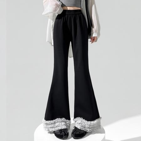 BY10855# 蕾丝花边拼接微喇裤女春夏新款高腰显瘦宽松休闲喇叭裤子 服裝批發女裝批發服飾貨源