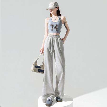 BY10855# 蕾丝花边拼接微喇裤女春夏新款高腰显瘦宽松休闲喇叭裤子 服裝批發女裝批發服飾貨源