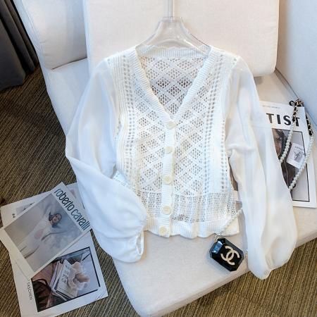 BY10857# 大货春装新款设计感镂空开衫雪纺袖针织衫气质上衣女 服裝批發女裝批發服飾貨源