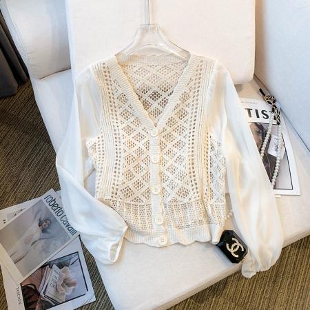 BY10857# 大货春装新款设计感镂空开衫雪纺袖针织衫气质上衣女 服裝批發女裝批發服飾貨源
