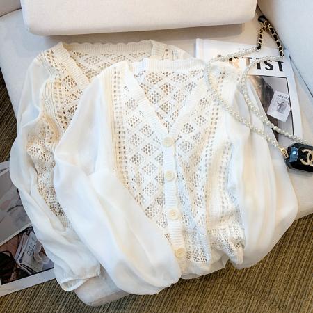BY10857# 大货春装新款设计感镂空开衫雪纺袖针织衫气质上衣女 服裝批發女裝批發服飾貨源