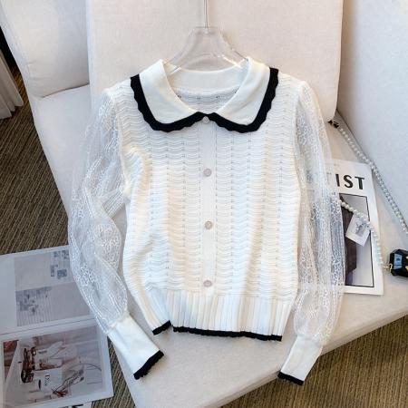 BY10858# 大货春装新款韩版甜美气质雪纺拼接上衣别致针织衫女 服裝批發女裝批發服飾貨源