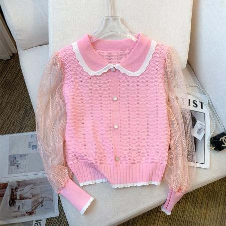 BY10858# 大货春装新款韩版甜美气质雪纺拼接上衣别致针织衫女 服裝批發女裝批發服飾貨源