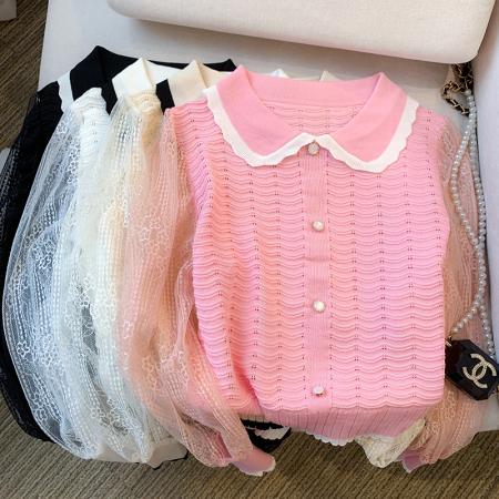 BY10858# 大货春装新款韩版甜美气质雪纺拼接上衣别致针织衫女 服裝批發女裝批發服飾貨源