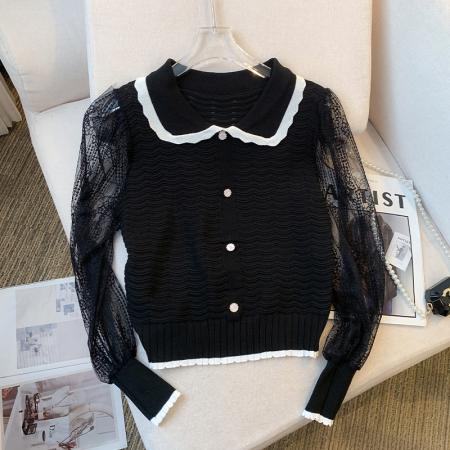 BY10858# 大货春装新款韩版甜美气质雪纺拼接上衣别致针织衫女 服裝批發女裝批發服飾貨源