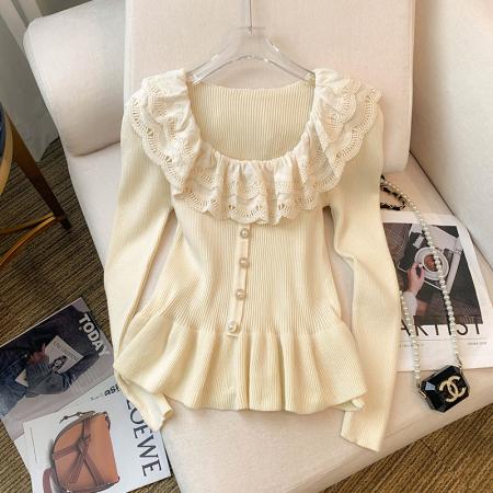 BY10859# 大货春装新款设计感甜美蕾丝领荷叶边打底上衣针织衫女 服裝批發女裝批發服飾貨源