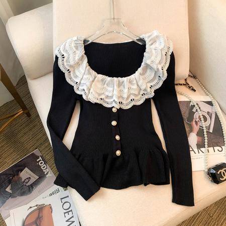 BY10859# 大货春装新款设计感甜美蕾丝领荷叶边打底上衣针织衫女 服裝批發女裝批發服飾貨源