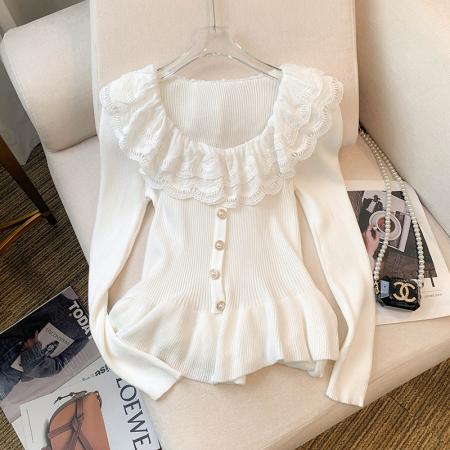 BY10859# 大货春装新款设计感甜美蕾丝领荷叶边打底上衣针织衫女 服裝批發女裝批發服飾貨源