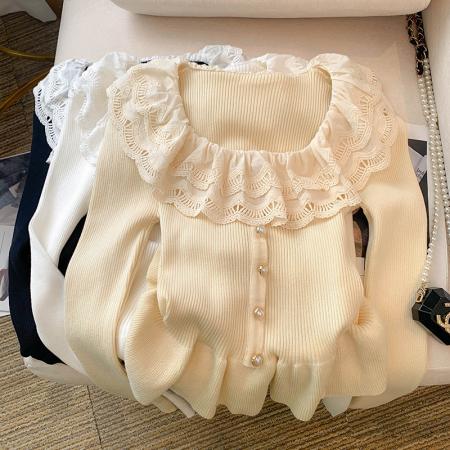 BY10859# 大货春装新款设计感甜美蕾丝领荷叶边打底上衣针织衫女 服裝批發女裝批發服飾貨源