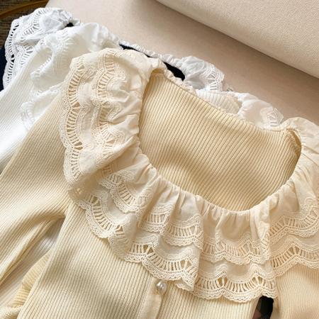 BY10859# 大货春装新款设计感甜美蕾丝领荷叶边打底上衣针织衫女 服裝批發女裝批發服飾貨源