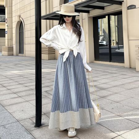 BY10860# 新款学院风条纹半身裙女春夏高腰显瘦长款气质裙子 服裝批發女裝批發服飾貨源