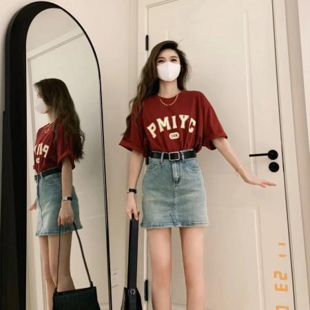 BY10866# 夏季韩式温柔休闲茶系气质高级时尚上衣牛仔半身裙两件套装女 服裝批發女裝批發服飾貨源