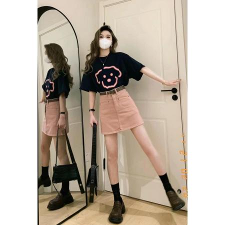 BY10867# 夏季短袖t恤女粉色高腰牛仔半身裙两件套装韩版甜辣港风奶系穿搭 服裝批發女裝批發服飾貨源