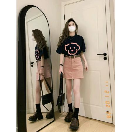 BY10867# 夏季短袖t恤女粉色高腰牛仔半身裙两件套装韩版甜辣港风奶系穿搭 服裝批發女裝批發服飾貨源