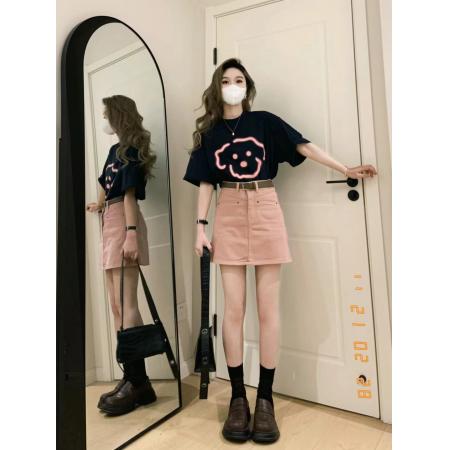 BY10867# 夏季短袖t恤女粉色高腰牛仔半身裙两件套装韩版甜辣港风奶系穿搭 服裝批發女裝批發服飾貨源