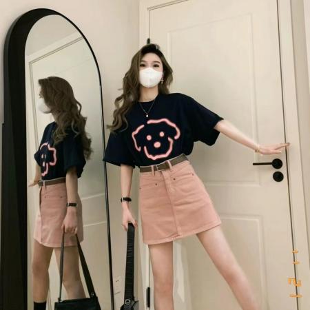 BY10867# 夏季短袖t恤女粉色高腰牛仔半身裙两件套装韩版甜辣港风奶系穿搭 服裝批發女裝批發服飾貨源