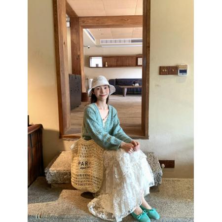 BY10869# 开春一整套ootd薄荷绿毛衣开衫+蕾丝蛋糕吊带连衣裙女春夏新款 服裝批發女裝批發服飾貨源