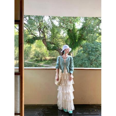 BY10869# 开春一整套ootd薄荷绿毛衣开衫+蕾丝蛋糕吊带连衣裙女春夏新款 服裝批發女裝批發服飾貨源