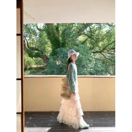 BY10869# 开春一整套ootd薄荷绿毛衣开衫+蕾丝蛋糕吊带连衣裙女春夏新款 服裝批發女裝批發服飾貨源