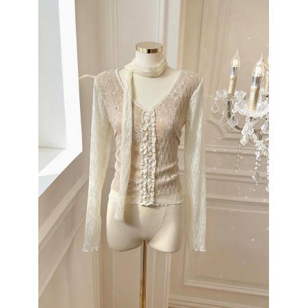 BY10871# 法式纯欲双层蕾丝设计感飘带蕾丝打底衫修身显瘦上衣 服裝批發女裝批發服飾貨源