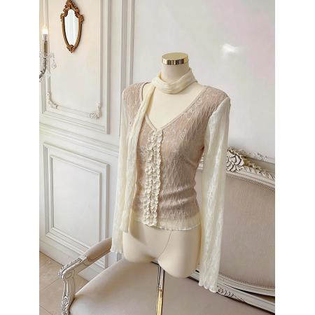 BY10871# 法式纯欲双层蕾丝设计感飘带蕾丝打底衫修身显瘦上衣 服裝批發女裝批發服飾貨源