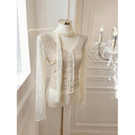 BY10871# 法式纯欲双层蕾丝设计感飘带蕾丝打底衫修身显瘦上衣 服裝批發女裝批發服飾貨源